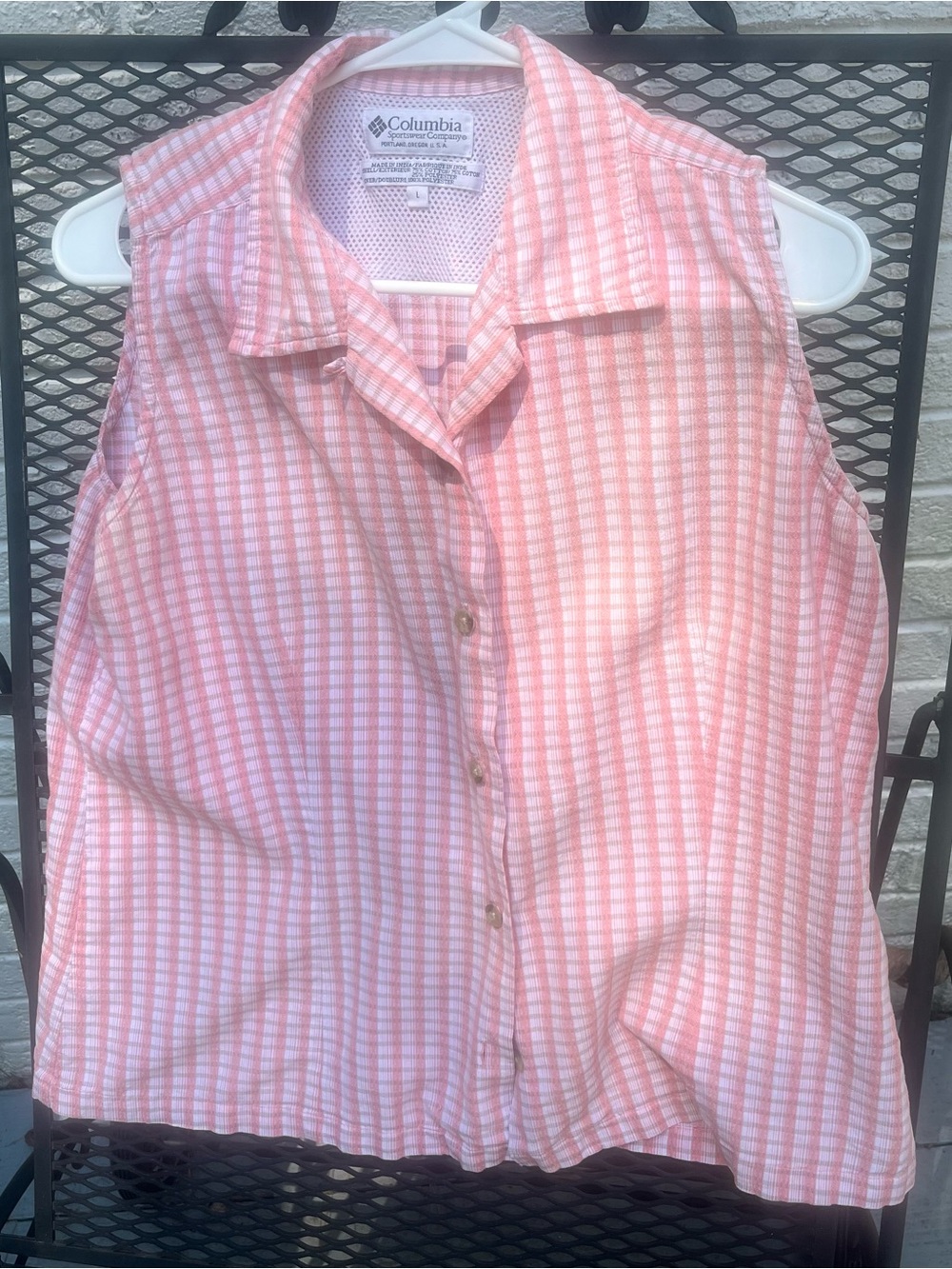 Columbia Pink & White Plaid Sleeveless Button-Down Shirt L